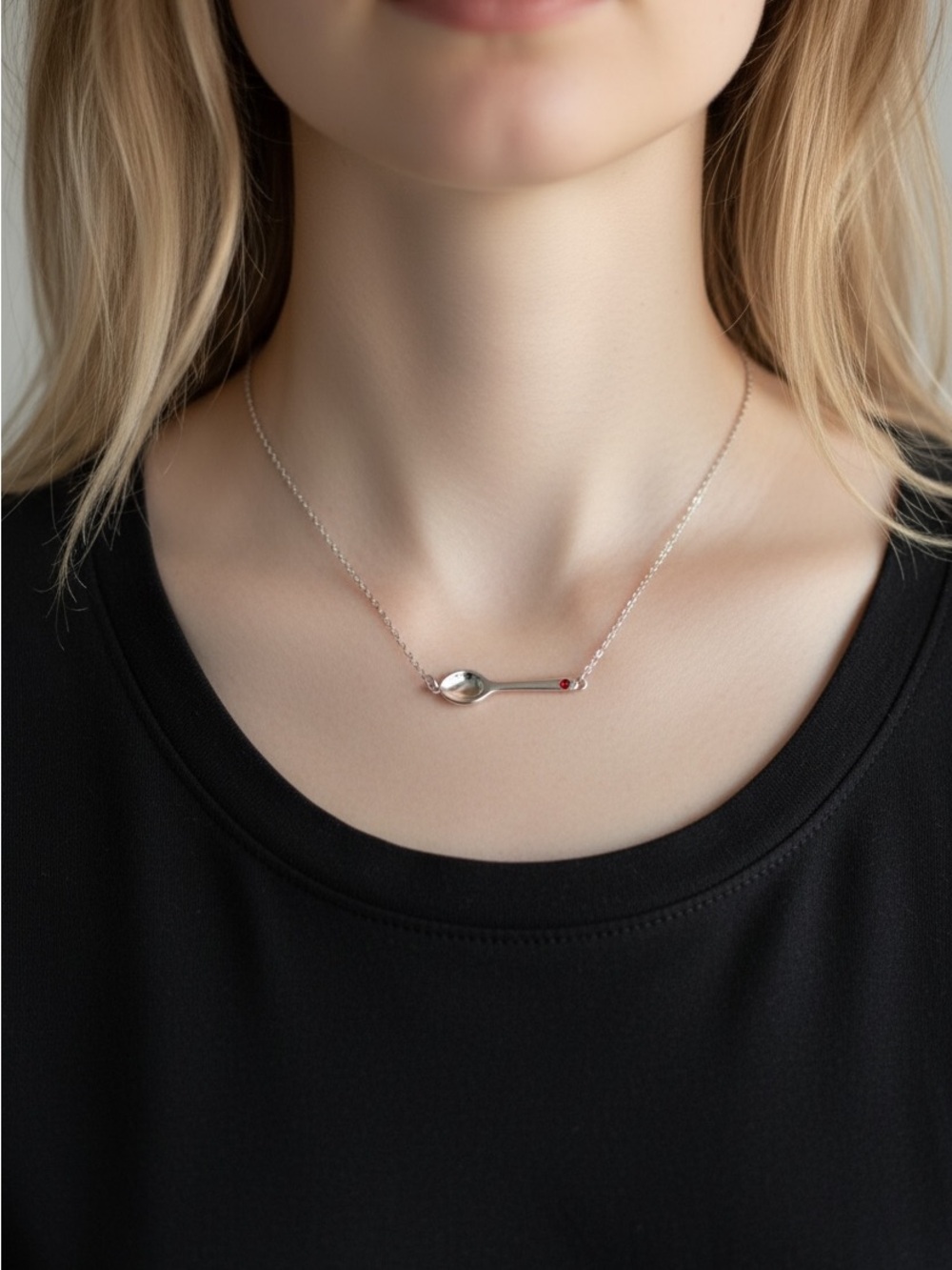 10/2 The Pampered Chef Silver Spoon Pendant Necklace with Red Accent